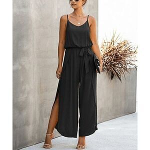 Elings Black V-Neck Sleeveless Split-Hem Jumpsuit S
